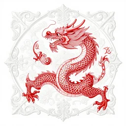 a red chinese dragon, wisdom, scrollwork + rococco + baroque + white ink + magical + symmetrical + detailed intricate + heraldic design + atmosphere + by peter mohrbacher and kentaro miura + high details, in the style of jean delville, artstation, 8 k, tarmo juhola, ivan laliashvili, james gurney,