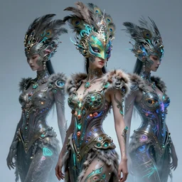 3 d goddess medium shot half - turn portrait with futuristic rococo mycorrhizal fungal implants. beautiful intricately detailed avante garde chameleon - peacock mask and alchemical feather, fur and sorceress outfit. bioluminescent highlights, polyphony, pulse projections, plasma, global illumination, artwork by tooth wu and wlop and android jones and beetle and greg rutkowsk