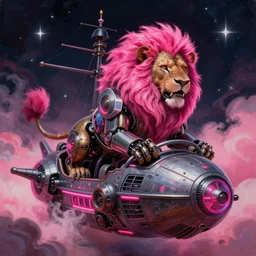 space, a mechanical lion with a pink neon mane, pink mohawk drives a pirate spaceship, punk, hyperdetailed illustration, stars, pink, neon, oil painting, rich deep colors masterpiece, pirate neon ship, ultra detailed, contrast, heaven pink, clouds, volumetric light, atmospheric lighting, dramatic, cinematic, moody, octane render 4 k, 8 k - n 4