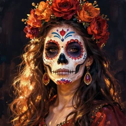 Illustration of a sugar skull day of the dead girl, art by phil koch
