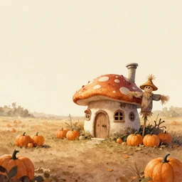 ”incredible wide screenshot, ultrawide, simple watercolor, rough paper texture, autumn, mushroom house, pumpkin patch, scarecrow, realism, pale beige sky, texture, brown mud, dust, backlit distant shot” W 1024