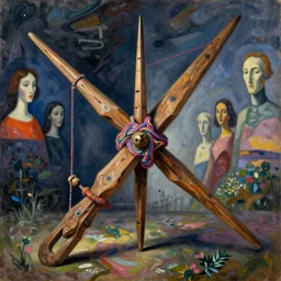 old wooden antigravitational archaic spindle fork with psychedelic iridescent yarn. painting by yves tanguy, georges de la tour, agnes pelton, rene magritte, max ernst, monet