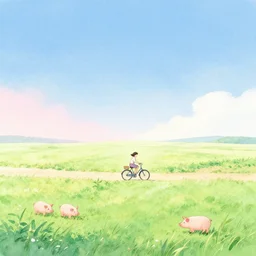 landscape, a girl on a bicycle, pigs, gentle gradients, sunlit, blue sky, japanese countryside. green and pink and blue, bright pastel watercolour, by shomei yoh