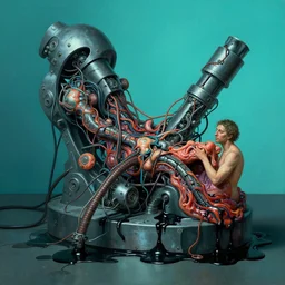 mechanical mitosis, chiaroscuro!!, hyperminimalism, sfumato!, flesh bound to metal, cables and wires, black oily ooze, hyperrealism, surrealism, realistic cyan shaded lighting, vibrant, by gil elvgren and greg rutkowski and ilya kuvshinov and magali villeneuve