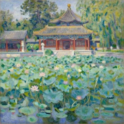 a beautiful painting summer palace garden and lotus pond in beijing, by claude monet realistic oil painting