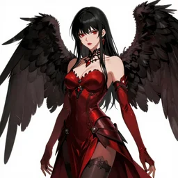 alluring highly detailed manga line art wide-angle portrait of (1) a beautiful female dark angel (in gothic red and black dress and with black wings extended) sitting on the edge of a cliff overlooking a fantasy valley, very detailed, realistic