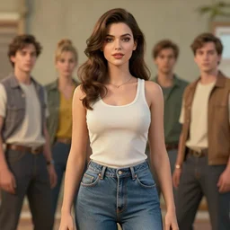a beautiful bombshell brunette innocent gentle model wearing jeans and tanktop in 5 0 s gauche by coby whitmore, nikolay makovsky, and charlie bowater. octane render 4 k cinematic