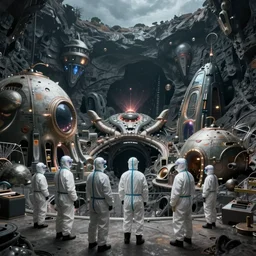 Scientists in hazmat suits inspecting enormous alien buildings found in the depths of a dark pit, 4k cinematic wide shot