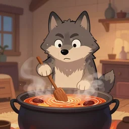 a cartoonish cute big wolf is being cooked alive in a steaming hot giant cauldron inside a comfy home, warm lighting, magical atmosphere, trending on artstation, 30mm, by Noah Bradley trending on ArtStation, deviantart, high detail, stylized portrait