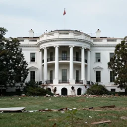 a demolished and ruined white house