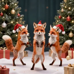foxes wearing santa hats dancing around a christmas tree