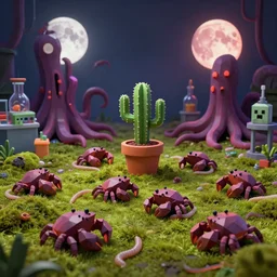 voidless of the festival!, The Graveyard, blood moon tentacles!!, outsider art!!!, The ego separates by Wojciech Siudmak!!!!, a single potted cactus in a laboratory!!!!!, large group of crabs and worms, crawling along a bed of moss, low poly, creeper world, handcrafted, artstation, hyperrealistic, hard light, best practices, creeptastic, photorealism, macro perspective, cuddly