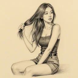 pencil sketch of a beautiful young supple japanese woman sitting and brushing her long hair. wearing trendy fashion,, modern aesthetic