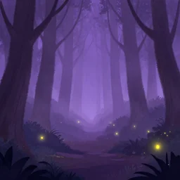 Foggy violet woods with fireflies flying around. Video game artbook illustration.
