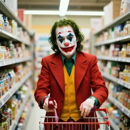 joker shopping at the supermarket, realistic photo