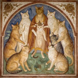 cats being worshipped, fresco painting
