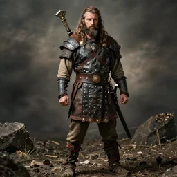 hyper realistic photo of barbarian warrior clothes, full body, cinematic, artstation, greg rutkowski, james gurney, mignola