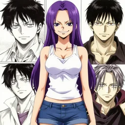 style of madhouse studio anime, rei hiroe black lagoon manga, loish, artgerm, joshua middleton comic art, portrait of revy from black lagoon, purple hair, chinese, symmetrical eyes and symmetrical face, jean shorts, white tank top, waist up, sarcastic evil smirk on face, natural lighting