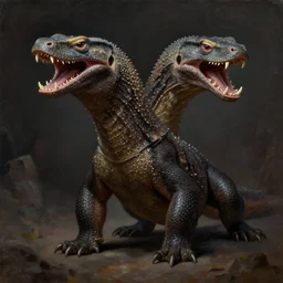 full bodyshot!! symmetry!! a cross between a komodo dragon and a giant ferret, with a vipers head!! six short legs, a jaw featuring multiple rows of teeth, sleek dark fur, dark fantasy, oil painting, in the style of frank frazetta, by boris vallejo, d & d, top teir artstation