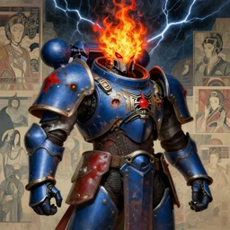 composition portrait mainem of gothic and futuristic, warhammer, cyber japan style armor, more and more scars, thunderstorm, fire head, blue, red and yellow, highly detailed, artstation, in the style of moebius, jugendstil and classic japanese print, art by jean delville and rene magritte