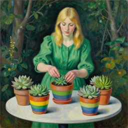 painting by Max Ernst of a beautiful blonde woman with shoulder length hair in a forest green dress putting colorful succulents into rainbow pots at a square table