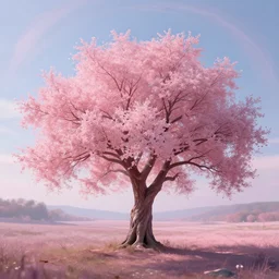 shining pink tree in a serene landscape, in swirling harmony, james jean and victo ngai