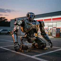a broken down battle robot in the parking lot of a convenience store at dusk