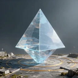 concept art of floating see through pyramid above a landing pad, by beeple, artstation, CG society, blue skies