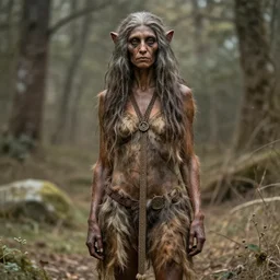 “ a primitive pre human woman Neanderthal posing for a photo in a fashion way”