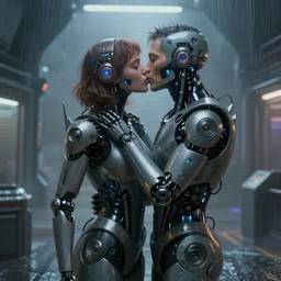 ultra realistic medium shot of a couple of cyborgs kissing, lovers, cyberpunk, sci - fi, kodak, faces, colour led, soft light, volumetric lighting, fog, rays, night, rain, station, intricate detailed, digital painting, concept art, smooth, sharp focus, illustration, art by artgerm and greg rutkowski and alphonse mucha