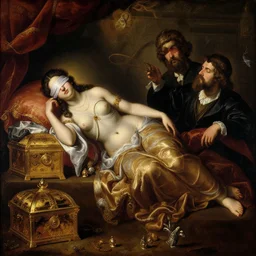 blindfolded hindu goddes is sleeping on gold tresure in baroque style, painting by james jean, craig mullins, j. c. leyendecker, lights, art by ernst haeckel, john william godward, hammershøi