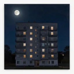 a single apartment building in a moonlit night in the style of peter mohrbacher, symmetrical composition