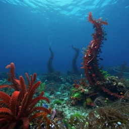 underwater view of a strange alien world, some washed out red and green plant life, small alien fish swimming in the background, deep blue sea color, artstation