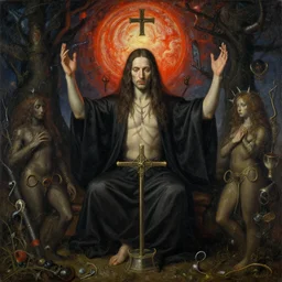 the church of chaos magick honours aleister crowley, hyperrealism, symbolism, do what thou wilt, subject centered in frame, rule of thirds, very detailed surreal impressionist painting by jan van eyck and beksinski