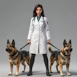 a mysterious woman in a doctor uniform that has 2 hellhounds on the leash. Detailed digital art by greg rutkowski, Thomas kinkade, Keith Parkinson, artstation, cgsociety, deviantart, 8k, HD