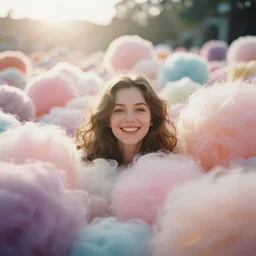 A vintage analog head and shoulder frontal face portrait photography of a happy beautiful woman surrounded by thousand! fluffy soft giant! oversized pastel colorful cotton balls all around by tim walker. Long hair. Kodak Portra 800 film. shallow depth of field. (Depth of field). whirl bokeh!!. Golden hour. detailed. hq. realistic. warm light. muted colors. Filmic. Dreamy. lens flare. Mamiya 7ii, f/1.2, symmetrical balance, in-frame