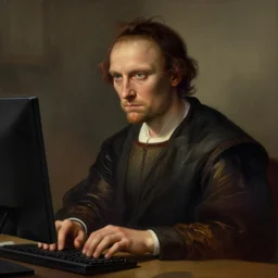 portrait of a man typing on a computer, detailed surroundings, artstation, detailed facial expression, centered, intricate, sharp focus, highly detailed, concept art, smooth, illustration, digital painting, elegant, intense emotion, by ( leonardo da vinci ), by greg rutkowski, wlop