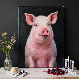 “ a portrait in a female art student ’ s apartment, sensual, a pig theme, art supplies, paint tubes, ikebana, herbs, a candle dripping white wax, black walls, squashed berries, berry juice drips, acrylic and spray paint and oilstick on canvas, surrealism, neoexpressionism ”
