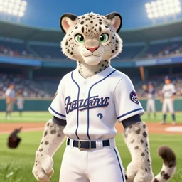 beautiful portrait of a female anthropomorphic snow leopard fursona wearing a baseball uniform. baseball stadium background. character design by disney, charlie bowater, ross tran, artgerm, and makoto shinkai, detailed, soft lighting, rendered in octane