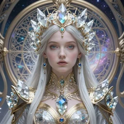 detailed realistic beautiful young biopunk queen of quartz galaxy in full regal attire. face portrait. art nouveau, symbolist, visionary, baroque, giant fractal details. horizontal symmetry by zdzisław beksinski, iris van herpen, raymond swanland and alphonse mucha. highly detailed, hyper - real, beautiful