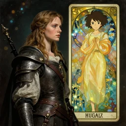 side portrait, baroque oil painting, imogen poots, paladin, gloomhaven, octane render, unreal engine, anime, tarot card, art nouveau, luminescent, illustration concept art, bokeh, by victo ngai, fanbox, greg rutkowski, makoto shinkai, mucha, studio ghibli