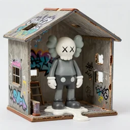 melting Quasimodo kaws toy inside abandoned graffiti dollhouse
