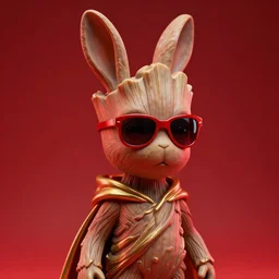 rabbit groot as marble statue with sunglasses, red sunglasses, in red background, soft red texture, red realistic 3 d render, high red lights, 4 k, high detailed photography golden cape, 5 0 mm lens, rich red colors, smooth gradients, depth of field, cinematic, hyper realism, high detail, octane render, unreal engine, 8 k, very red colors