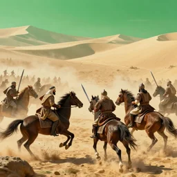 old islam army about to enter a war with swords, realistic, fighting, horses, desert, green theme, 8 k detailed