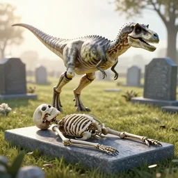 graveyard with backlight , dying dinosaur , skeleton corpse on the grave, backlight on everything , by frazetta, sunset mood
