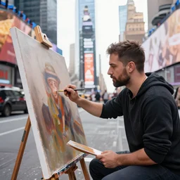 famous artist painting in New York Times Square, realistic