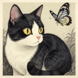 calico cat and a butterfly. decal by award - winning mangaka, intricate details, heavily stylized, muted palette, gouache
