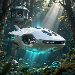 angular futuristic levitating luxury small spaceship hovering above habitat designed by apple flying over the forest art by greg rutkowski and paul ozzimo, epic fantasy scifi cyan light engine ultra realistic volumetric light god rays raytracing unreal engine digital art trending artstation deviantart octane render,