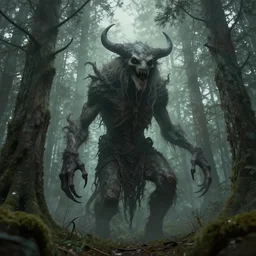 eldritch monster in a swedish forest, very low angle photograph, very detailed, trending on artstation, realistic, soft colors, simon stålenhag, lovecraft, horror