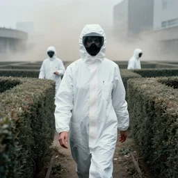 cinestill 5 0 d photographic portrait by helen levitt of evil hazmat scientists walking through a brutalist hedge maze, extreme closeup, cinematic, modern cyberpunk, dust storm, 8 k, hd, high resolution, 3 5 mm, f / 3 2